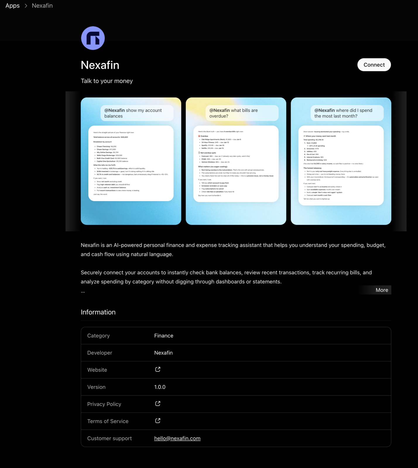 Nexafin listed in the ChatGPT App Store under Finance, with example queries like "show my account balances," "what bills are overdue?," and "where did I spend the most last month?"