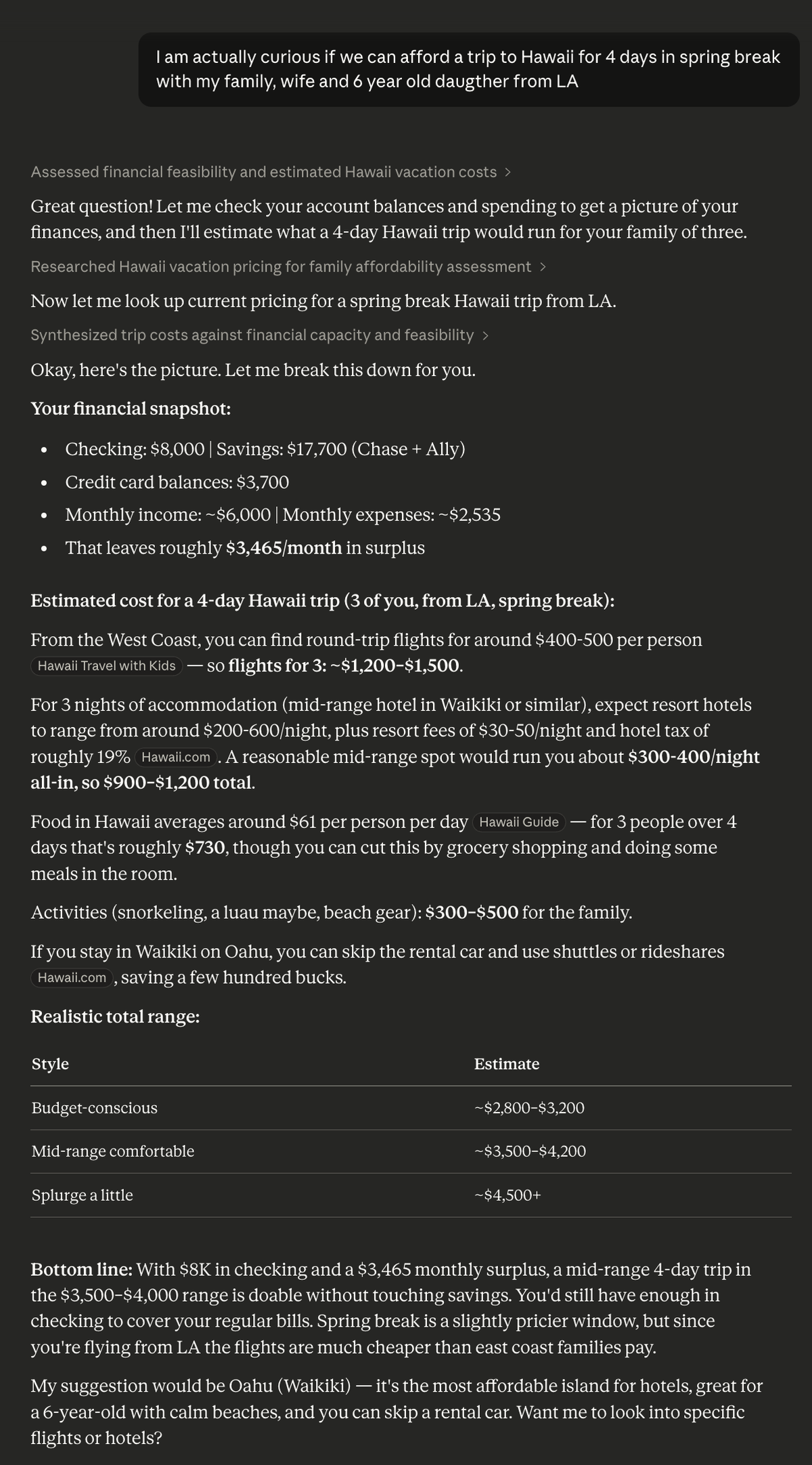 Claude answering a Hawaii trip question using real financial data from Nexafin.