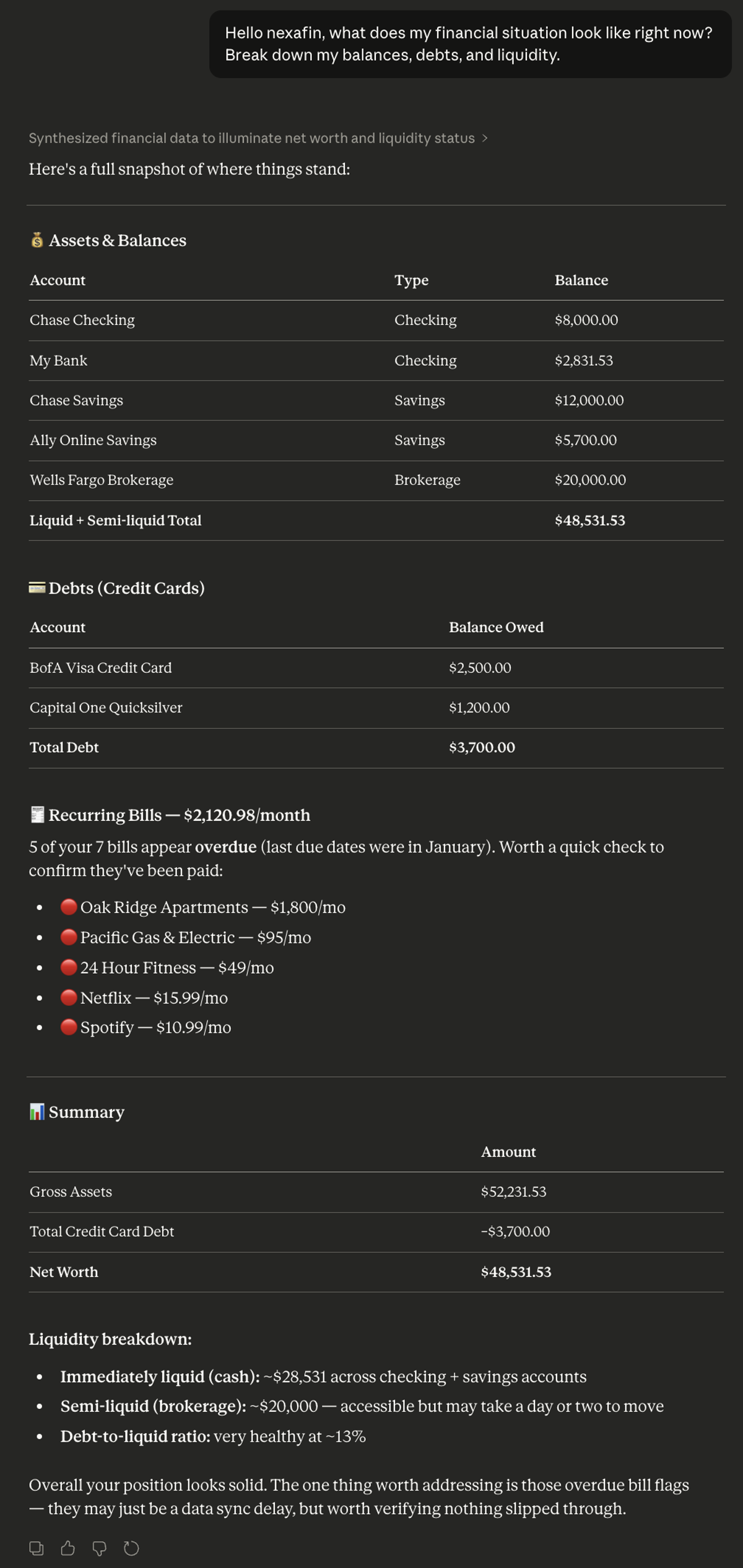 Nexafin financial snapshot with balances, debt, and net worth