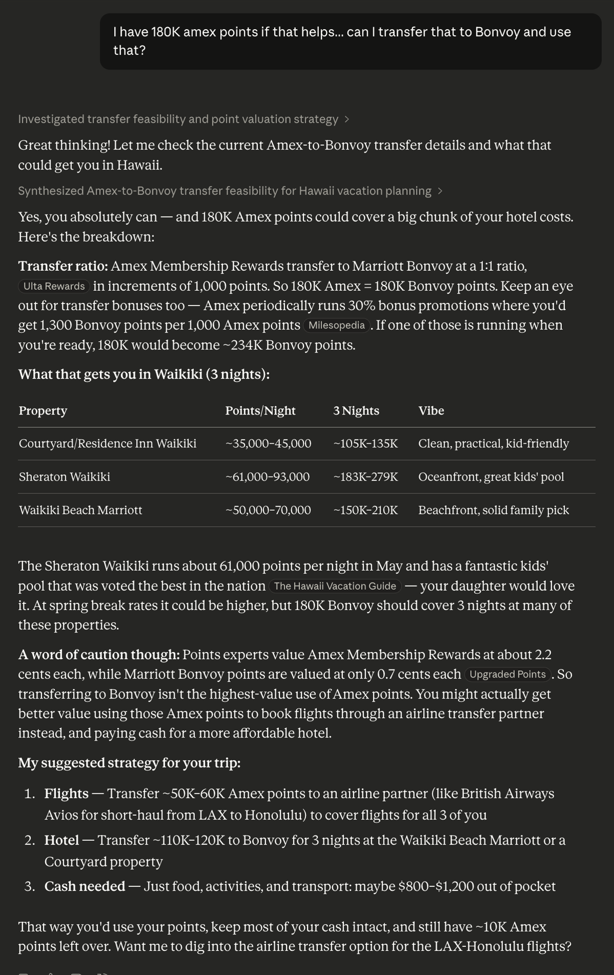 Claude analyzing Amex points to Bonvoy conversion strategy