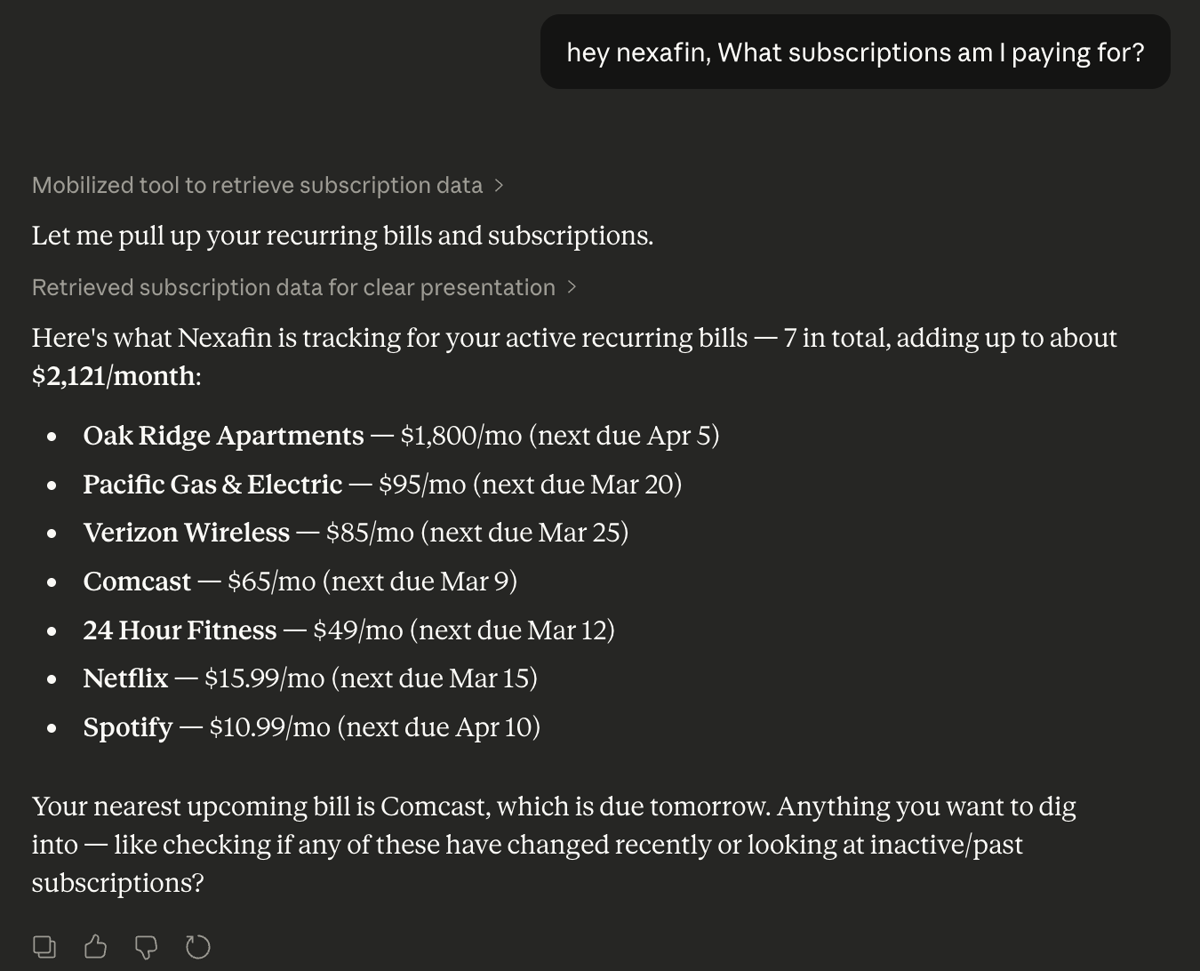 AI listing active subscriptions from financial data
