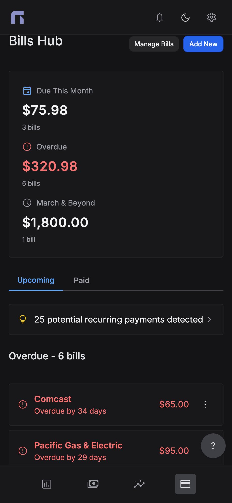 Nexafin dashboard showing all account balances